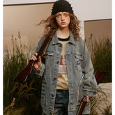 Unisex Jacket Vintage Worn Looking Washed-out Denim Coat Jacket